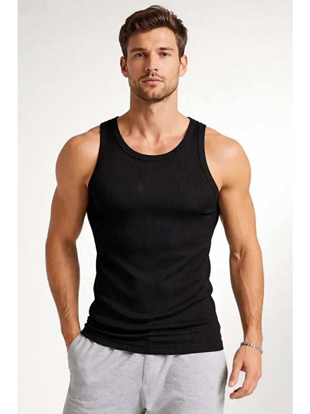 Erkek Spor Fitilli Atlet 2li Set Siyah Ve Bej Slim Fit Kaşkorse Arka Baskılı Spor Atlet-2