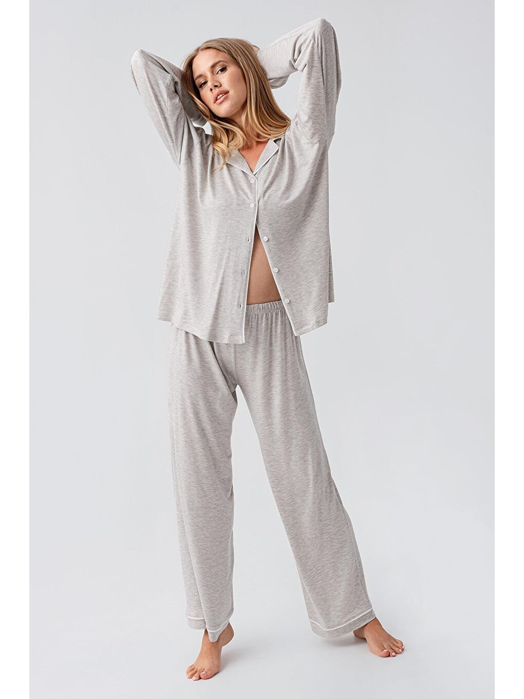 Gri Uzun Kollu Düğmeli Esnek Viskoz Pijama Takım 18207