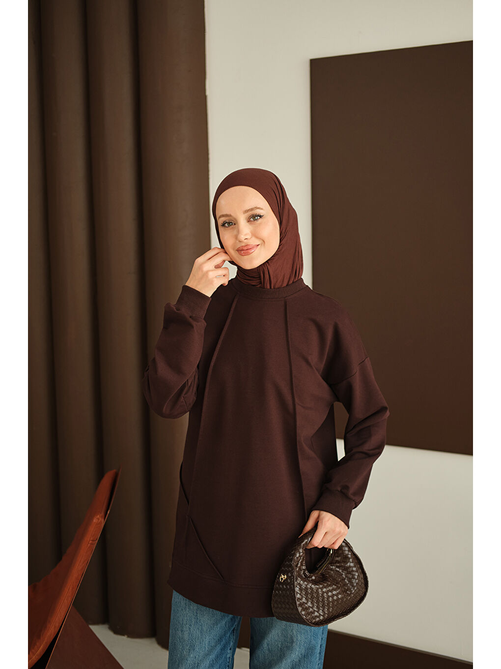 Kadın Önü Dikiş Detay Tunik Kahverengi-2
