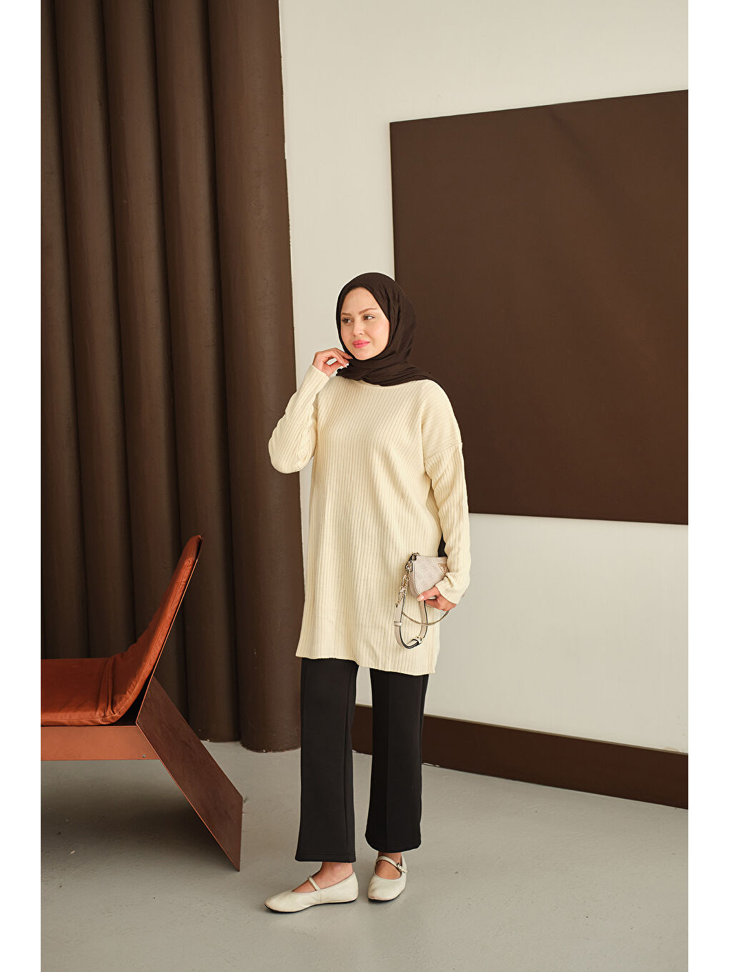 Ekru Kadın Kendinden Desenli Triko Tunik Krem-4