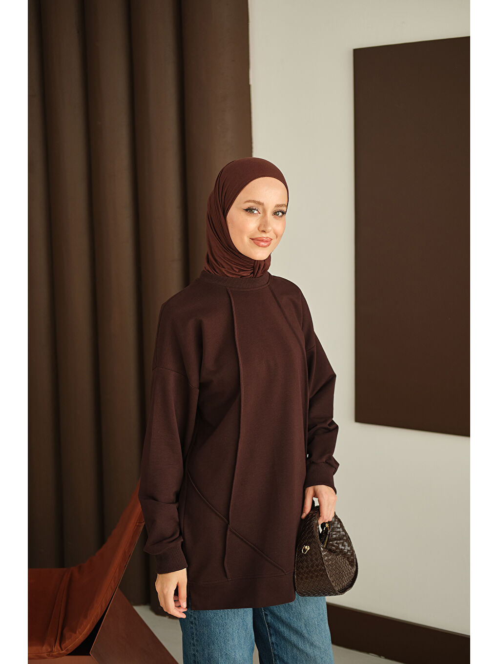 Kadın Önü Dikiş Detay Tunik Kahverengi-3