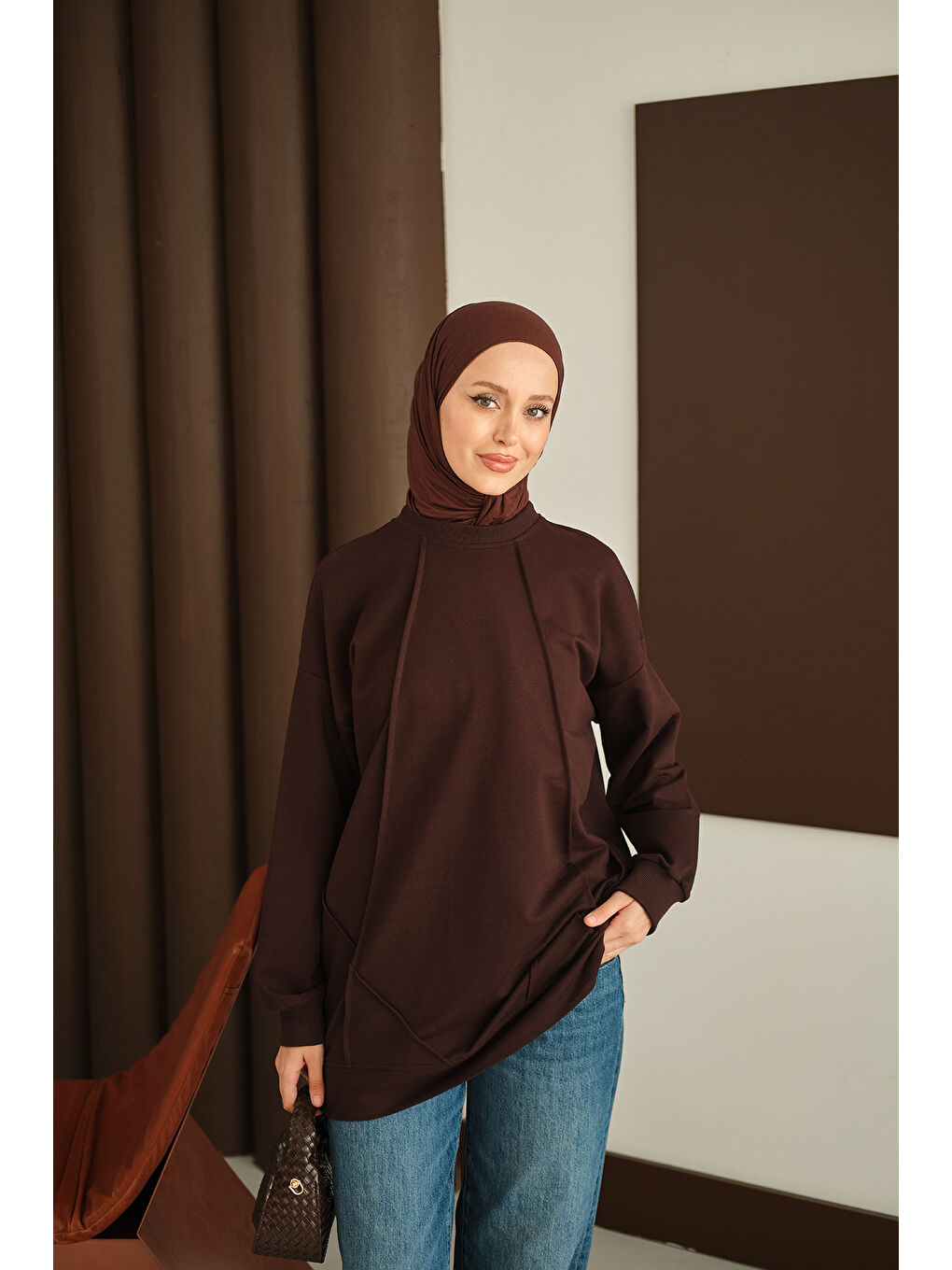 Kadın Önü Dikiş Detay Tunik Kahverengi-4
