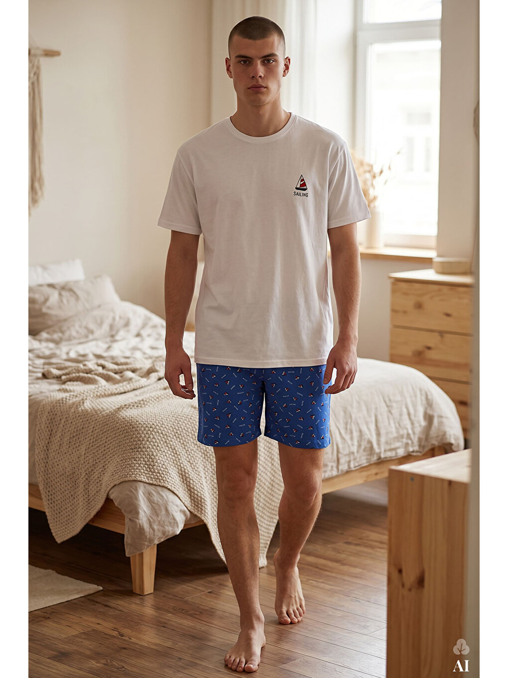 Erkek Pamuklu Mavi Baskılı Cepli Şortlu Pijama Takımı-3