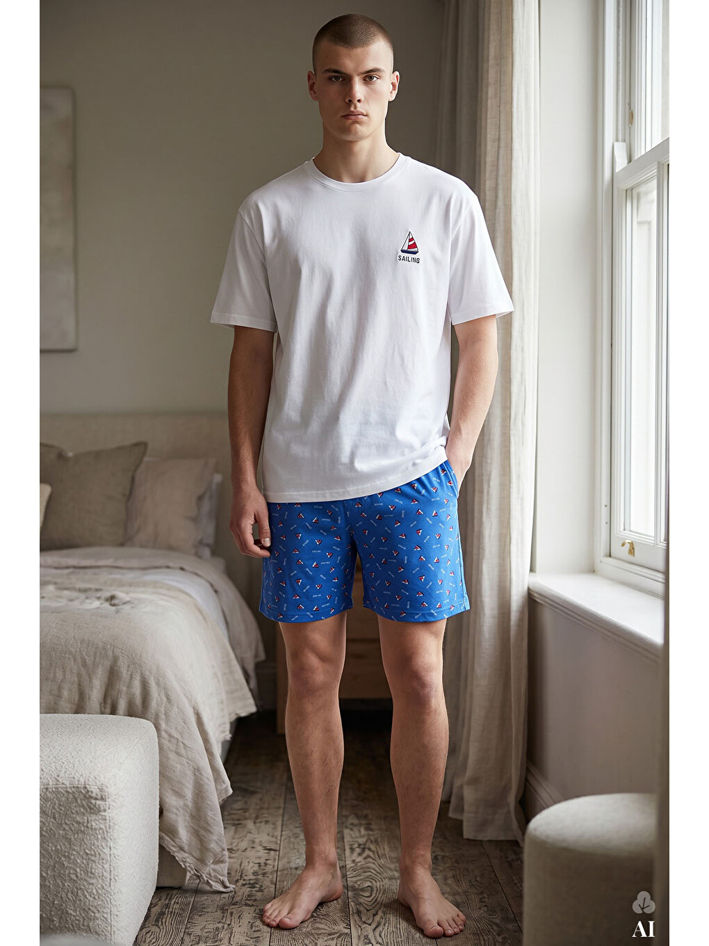 Erkek Pamuklu Mavi Baskılı Cepli Şortlu Pijama Takımı-4