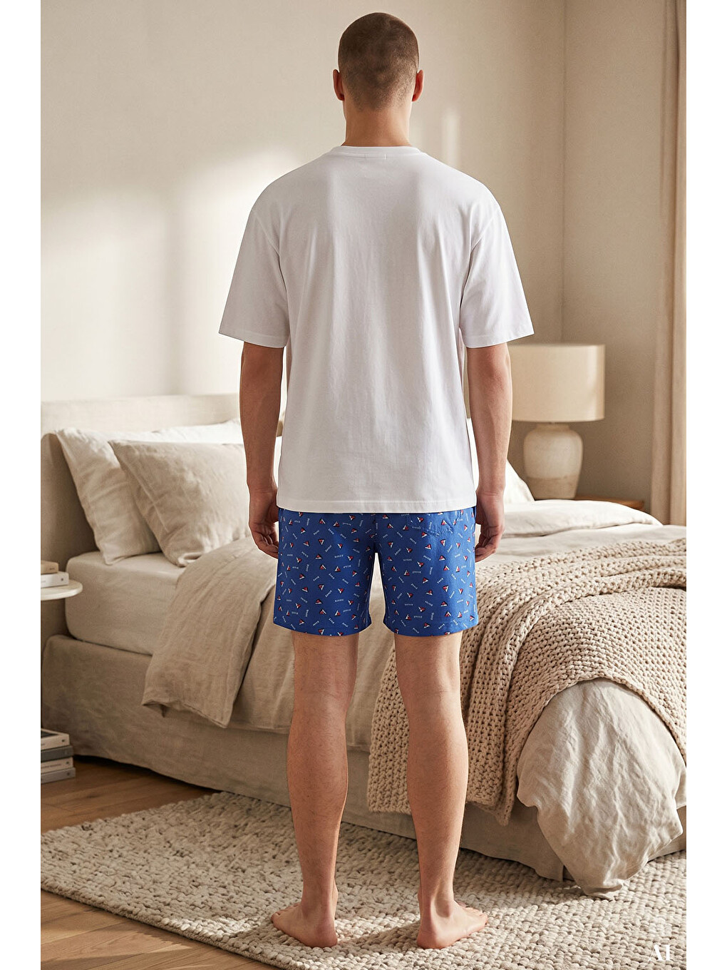 Erkek Pamuklu Mavi Baskılı Cepli Şortlu Pijama Takımı-5