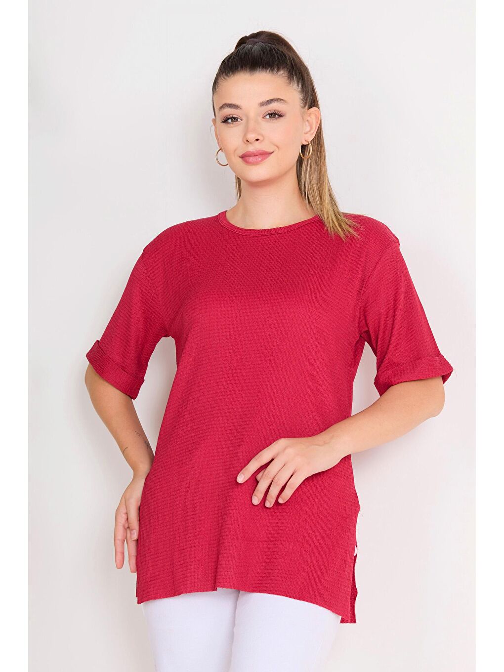 Bisiklet Yaka Kadın Bordo Bluz - 23138