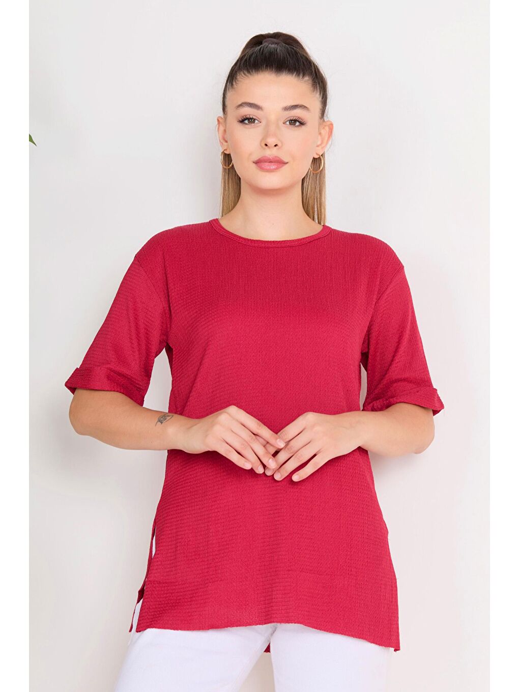 Bisiklet Yaka Kadın Bordo Bluz - 23138-1