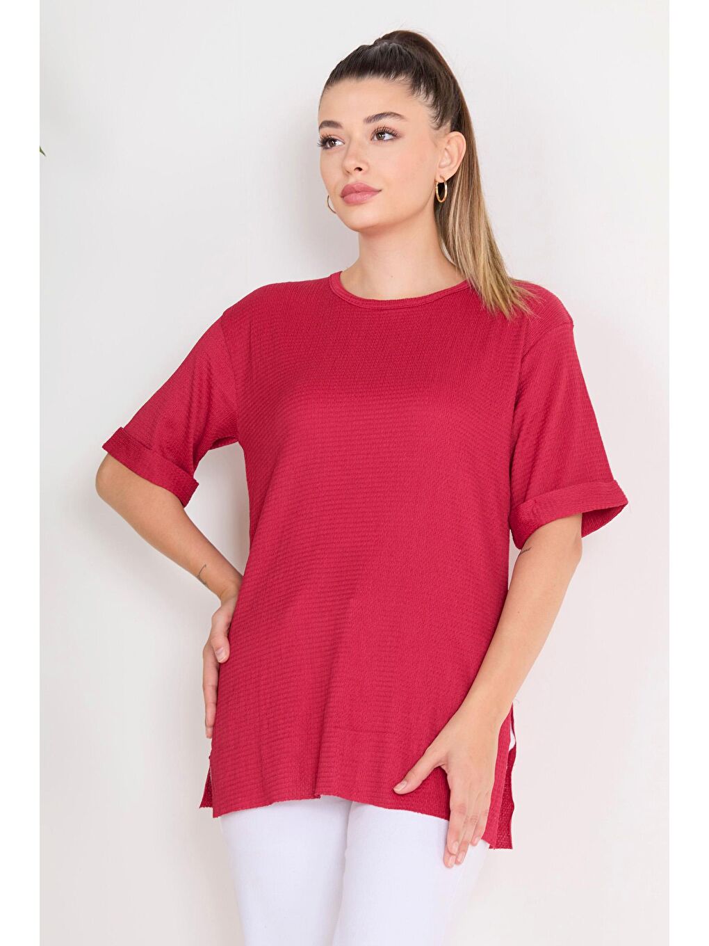 Bisiklet Yaka Kadın Bordo Bluz - 23138-2