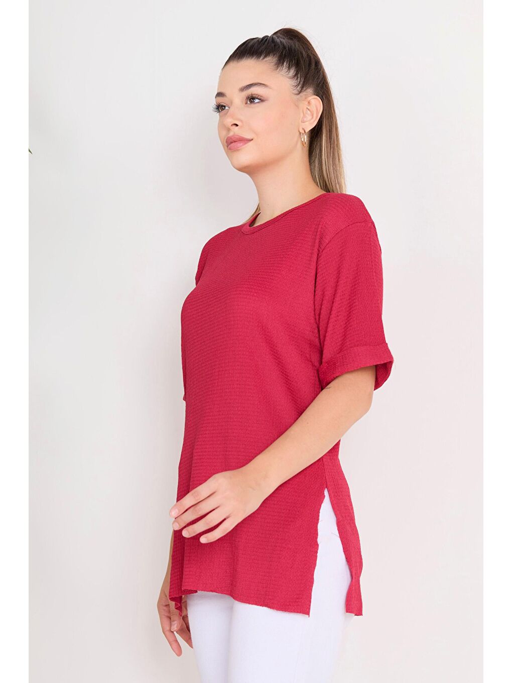 Bisiklet Yaka Kadın Bordo Bluz - 23138-3