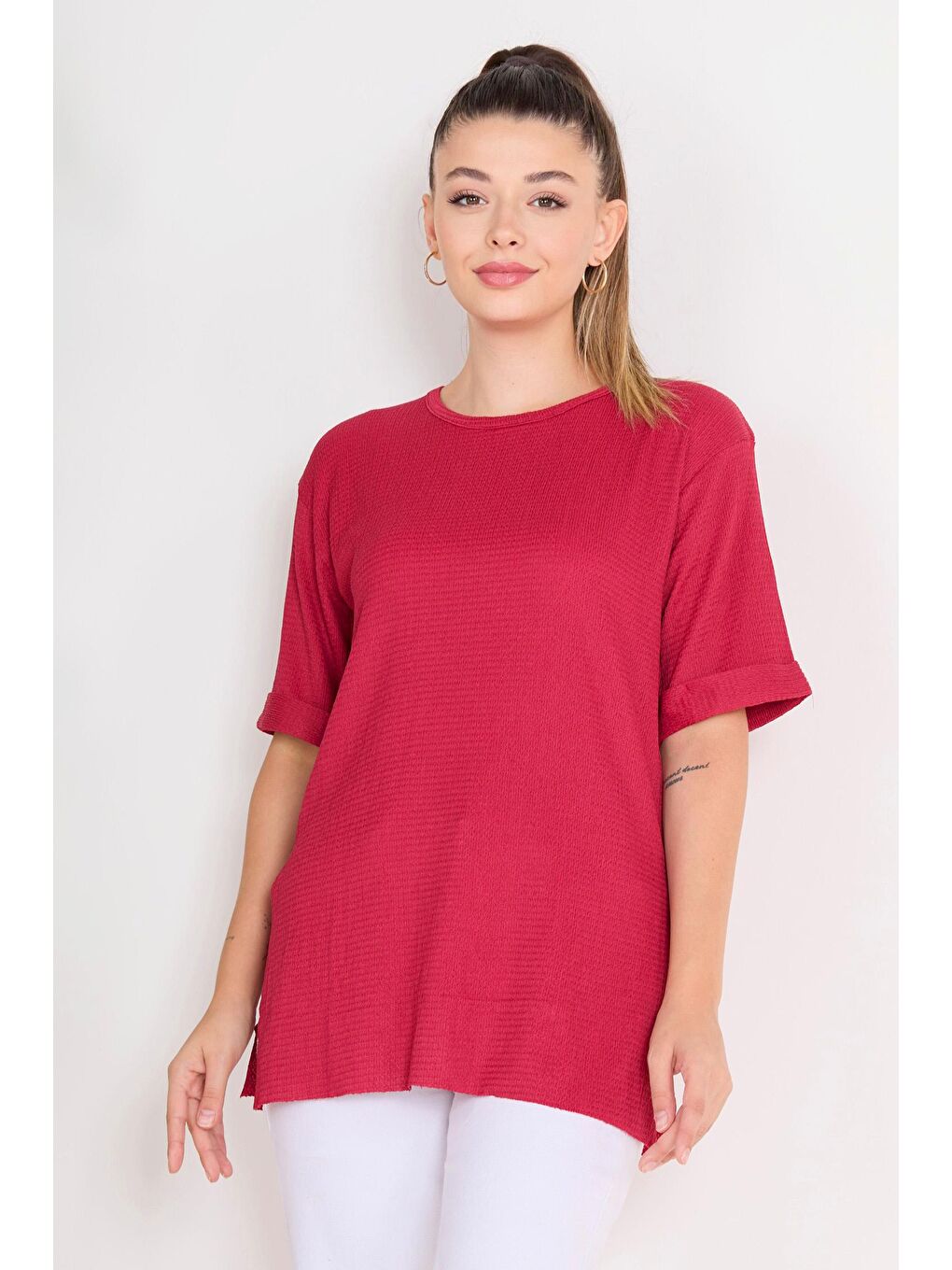 Bisiklet Yaka Kadın Bordo Bluz - 23138-4