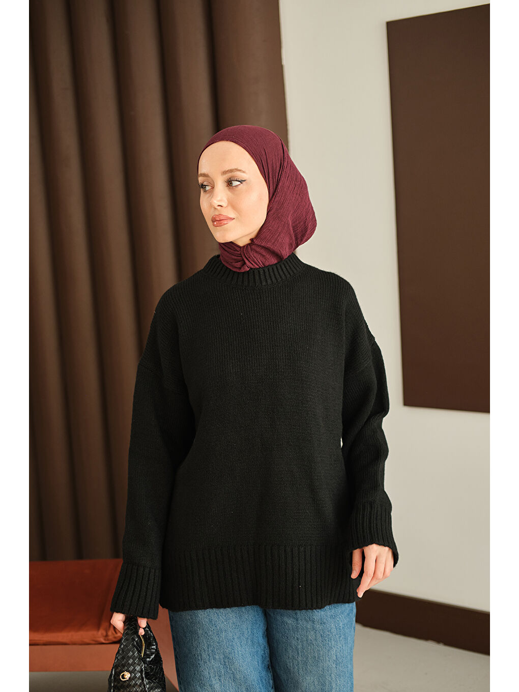 Kadın Bisiklet Yaka Triko Tunik Siyah-1