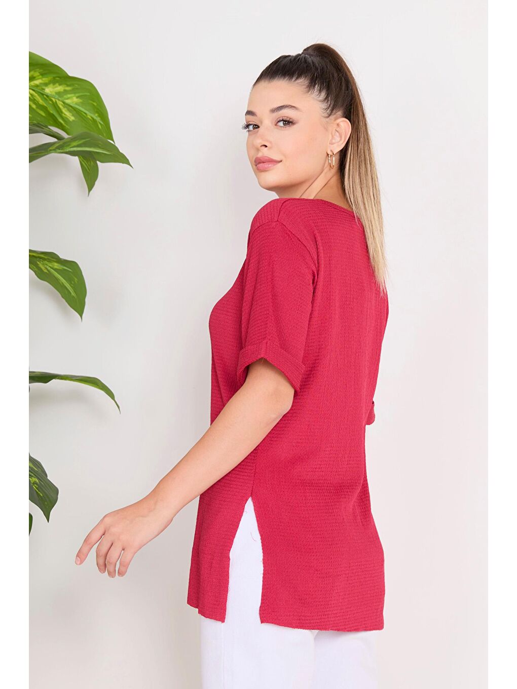 Bisiklet Yaka Kadın Bordo Bluz - 23138-5