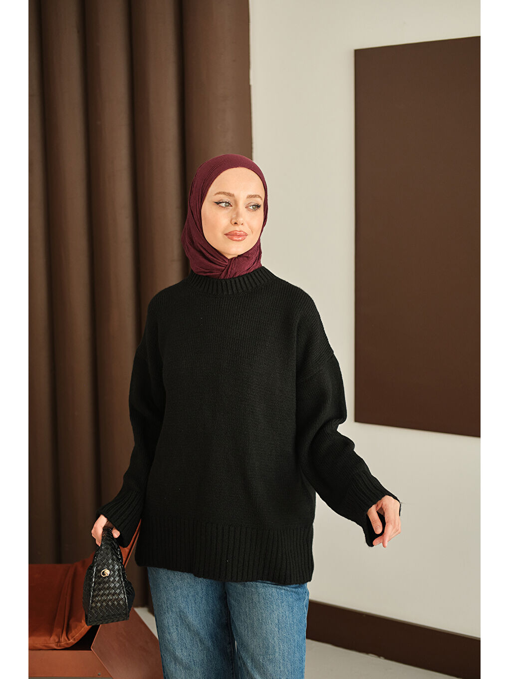 Kadın Bisiklet Yaka Triko Tunik Siyah-4