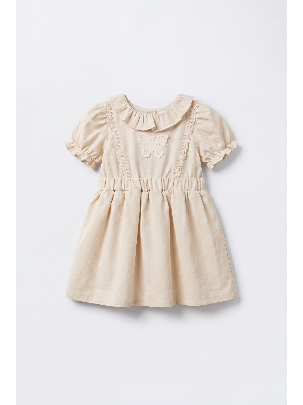 Bej Kız Çocuk Pamuklu Kelebek Detaylı Elbise-1