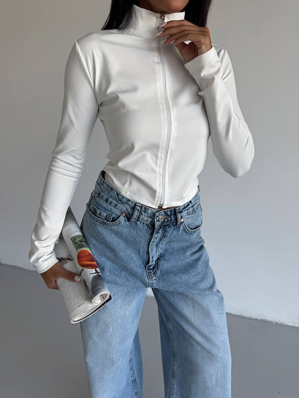 Fermuarlı Dalgıç Kumaş Beyaz Sweatshirt-2