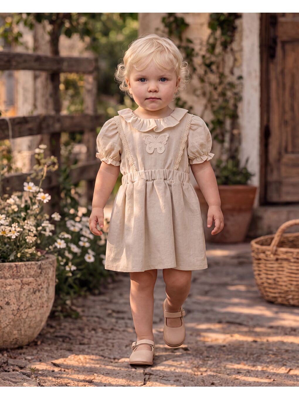 Bej Kız Çocuk Pamuklu Kelebek Detaylı Elbise-3