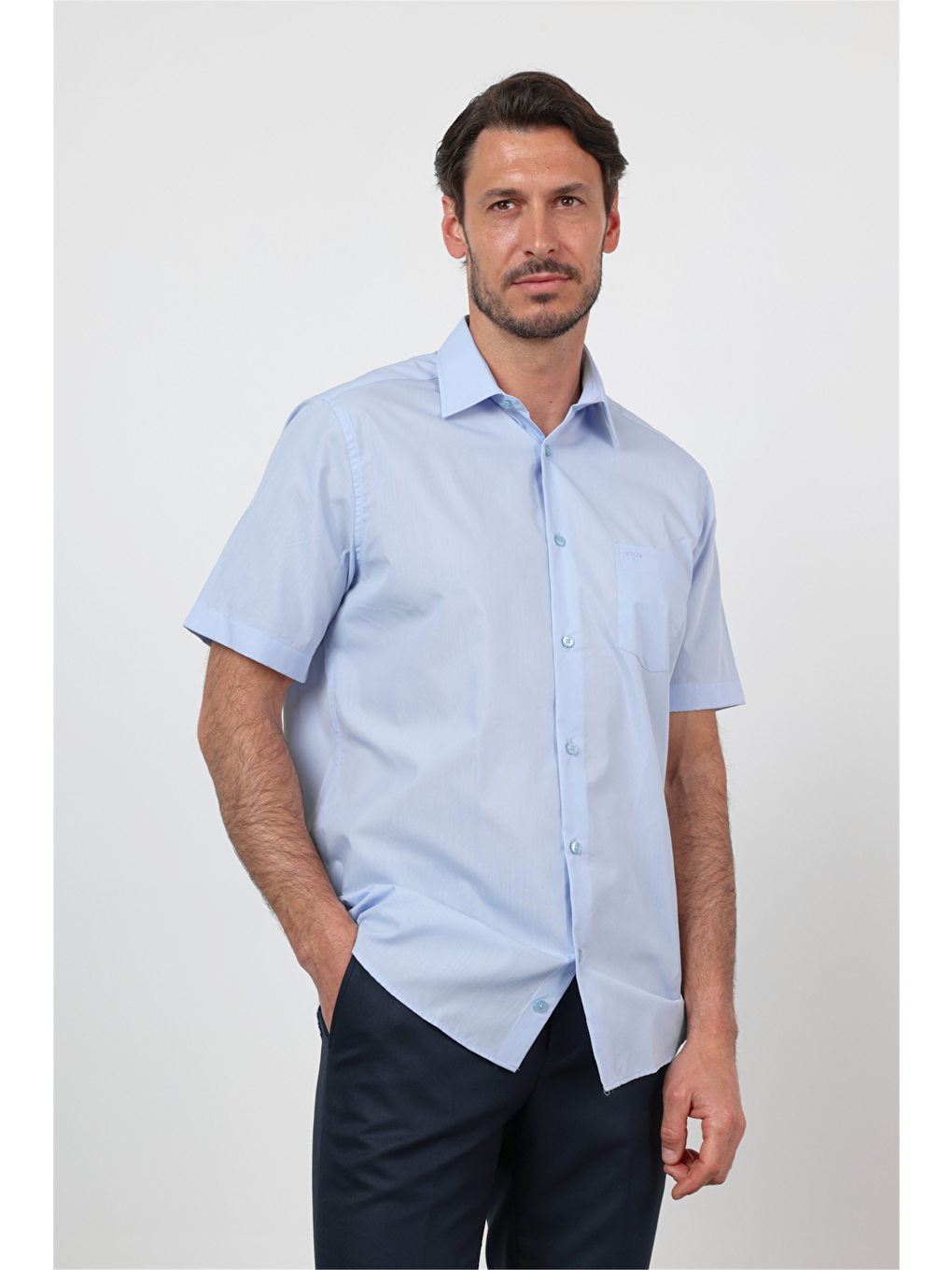 Mavi Sert Yaka Kısa Kol Cepli Comfort Fit Pamuklu Gömlek 1004260258