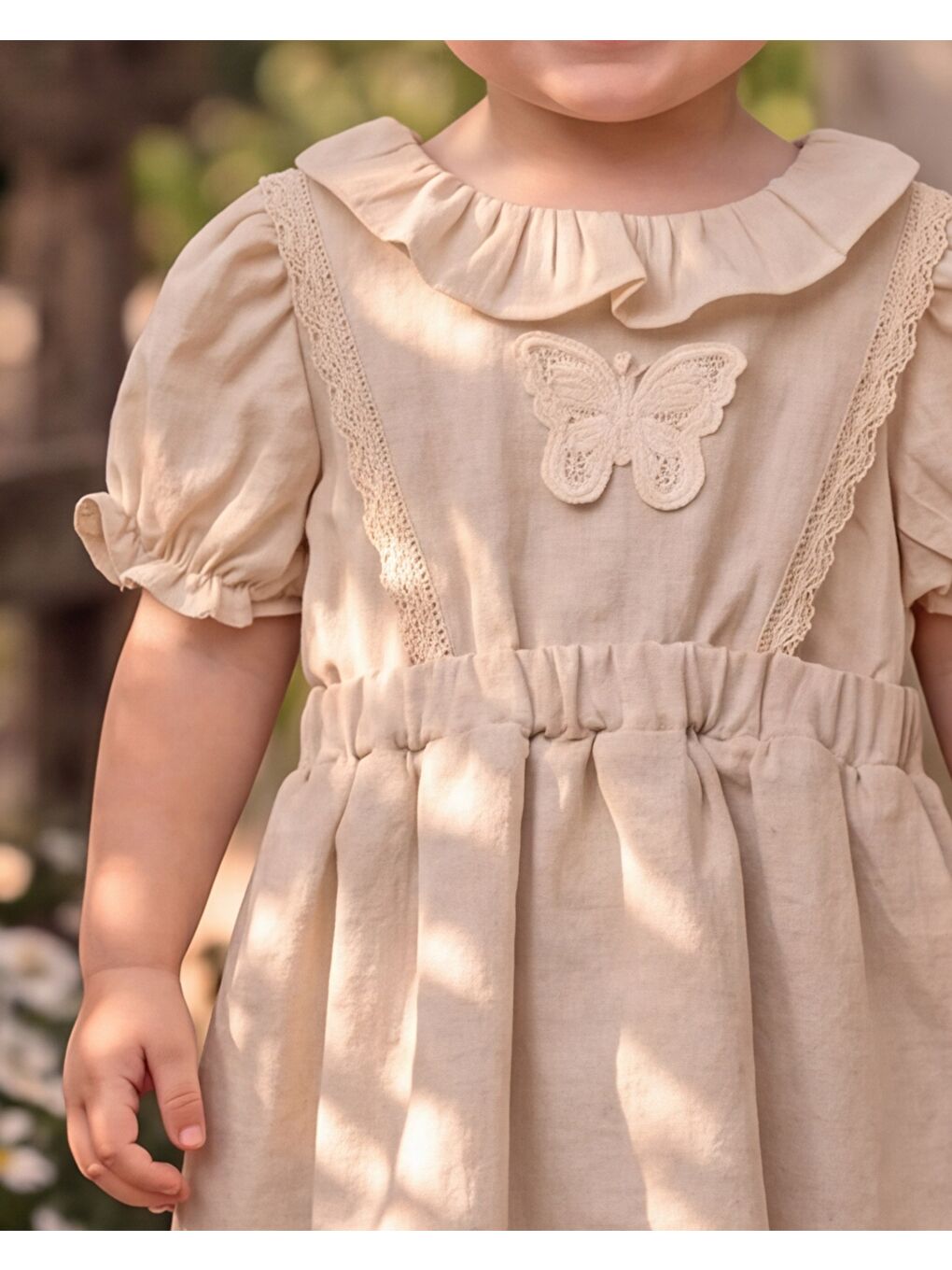 Bej Kız Çocuk Pamuklu Kelebek Detaylı Elbise-4