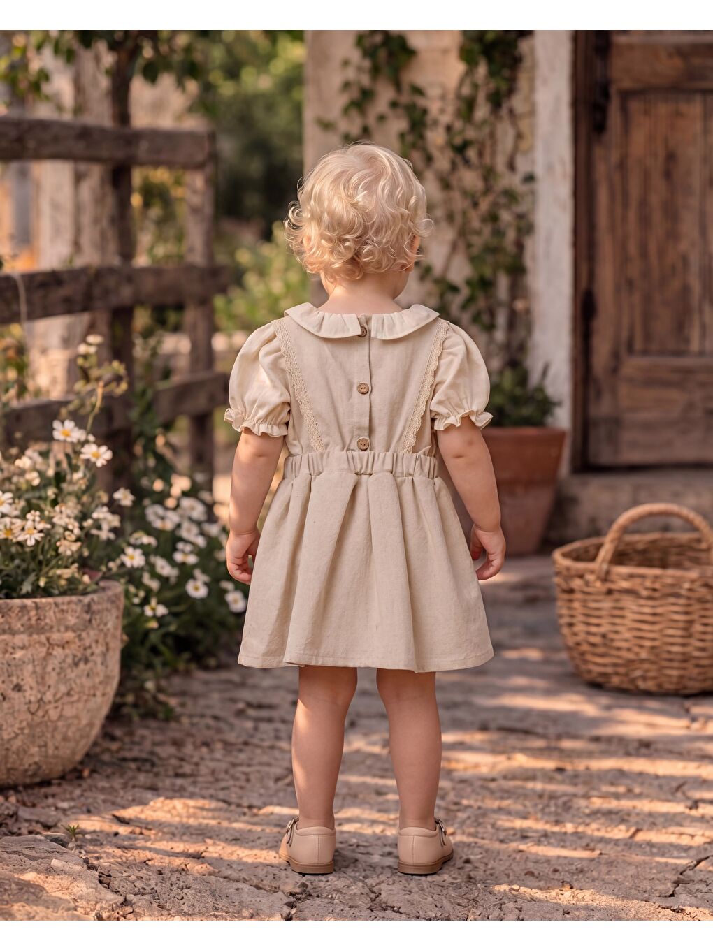 Bej Kız Çocuk Pamuklu Kelebek Detaylı Elbise-5