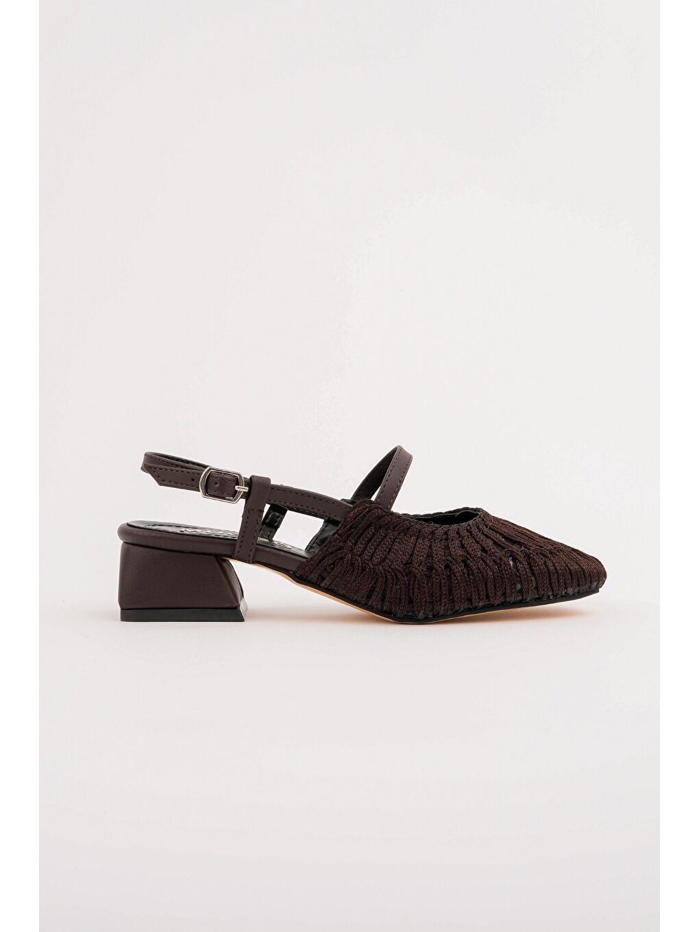 Kahverengi MESH Kadın Örgü ve File Detaylı Bantlı Arkası Açık Kısa Topuklu Ayakkabı