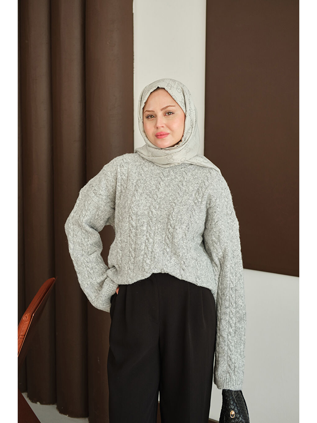 Kadın Örgü Desenli Triko Tunik Gri