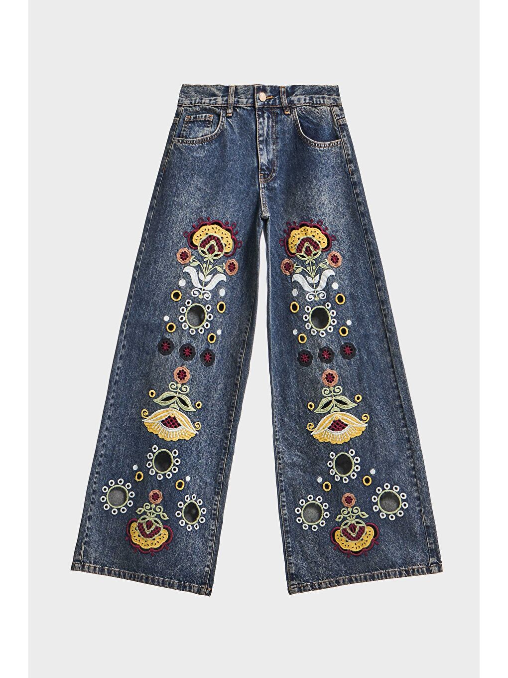 Mavi Kadın T.Kot Rengi 4w5-8 Palazzo Fit Özel Çiçek Nakışlı İç Boy 83cm Tasarım Denim Jean-1
