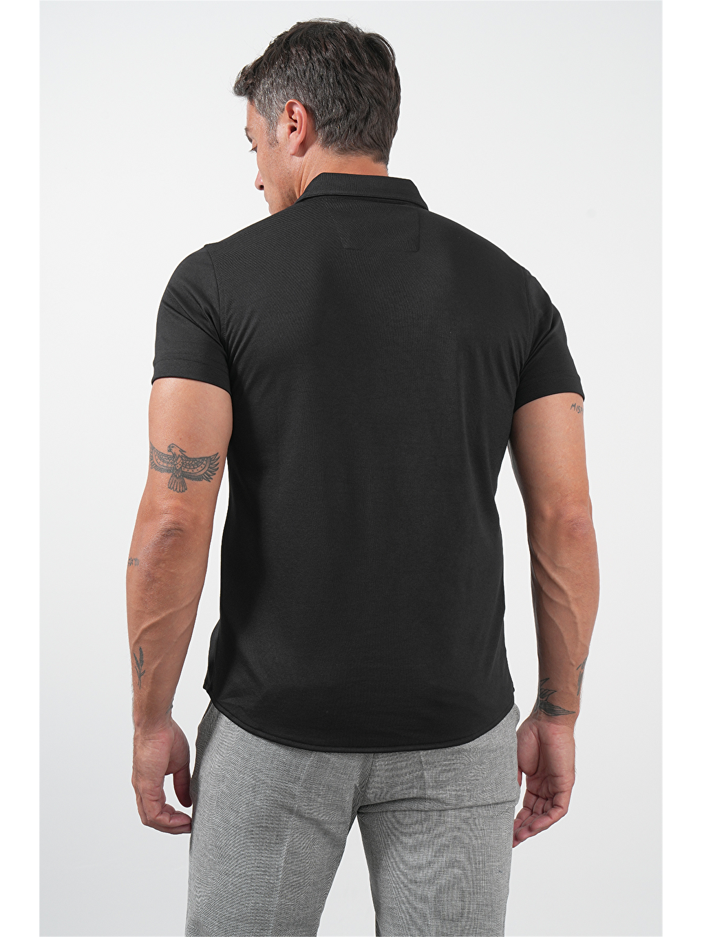 Siyah İtalyan Yaka Kısa Kol Cepsiz Slim Fit Pamuklu Gömlek 1004260158-4