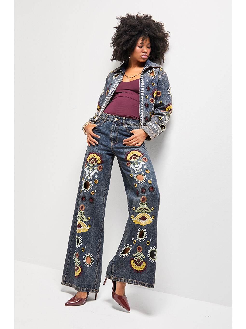 Mavi Kadın T.Kot Rengi 4w5-8 Palazzo Fit Özel Çiçek Nakışlı İç Boy 83cm Tasarım Denim Jean-2