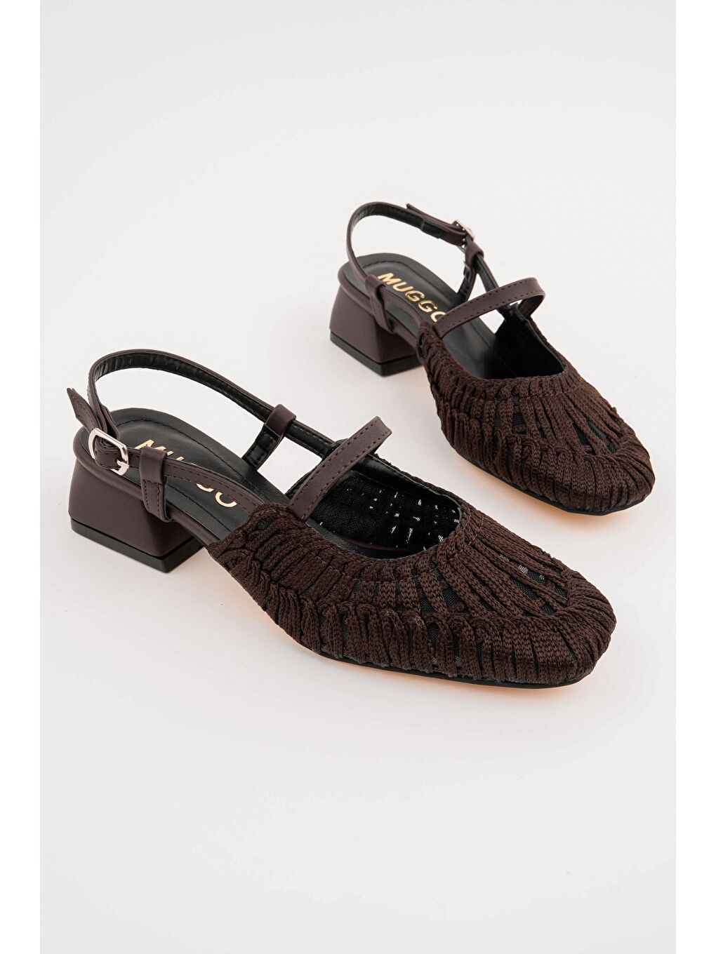 Kahverengi MESH Kadın Örgü ve File Detaylı Bantlı Arkası Açık Kısa Topuklu Ayakkabı-1