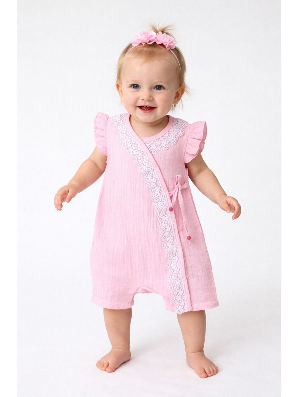 Pembe Kız Bebek Müslin Tulum Elbise Dantel Detaylı Yazlık Pamuk Bebek Tulum