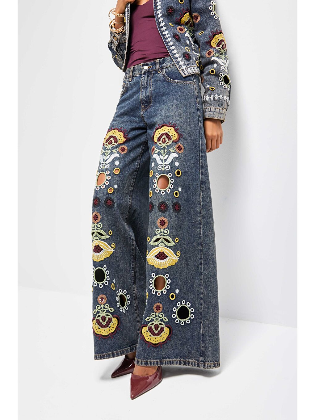 Mavi Kadın T.Kot Rengi 4w5-8 Palazzo Fit Özel Çiçek Nakışlı İç Boy 83cm Tasarım Denim Jean-3