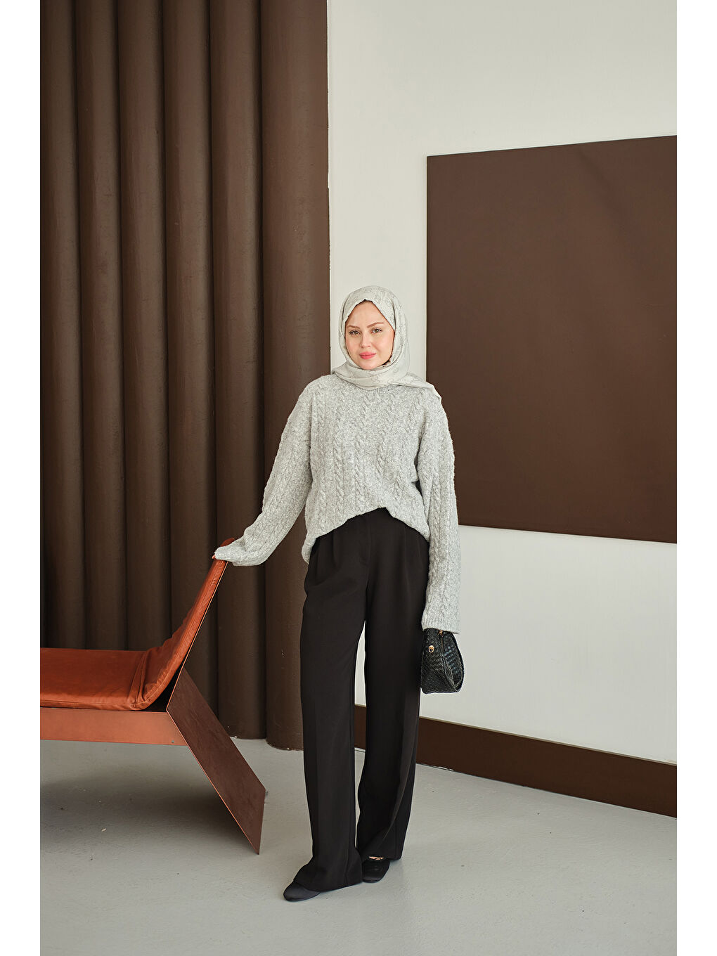 Kadın Örgü Desenli Triko Tunik Gri-2