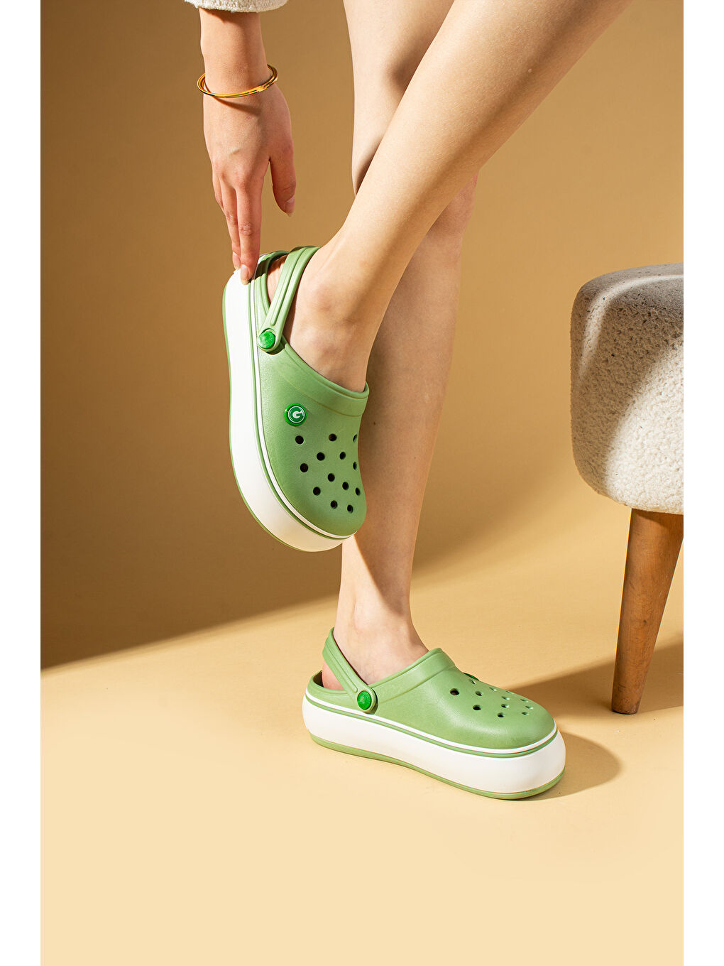 Yeşil Beyaz Şeritli Yüksek Taban Comfort Eva Kadın Sandalet 011-812-25-2