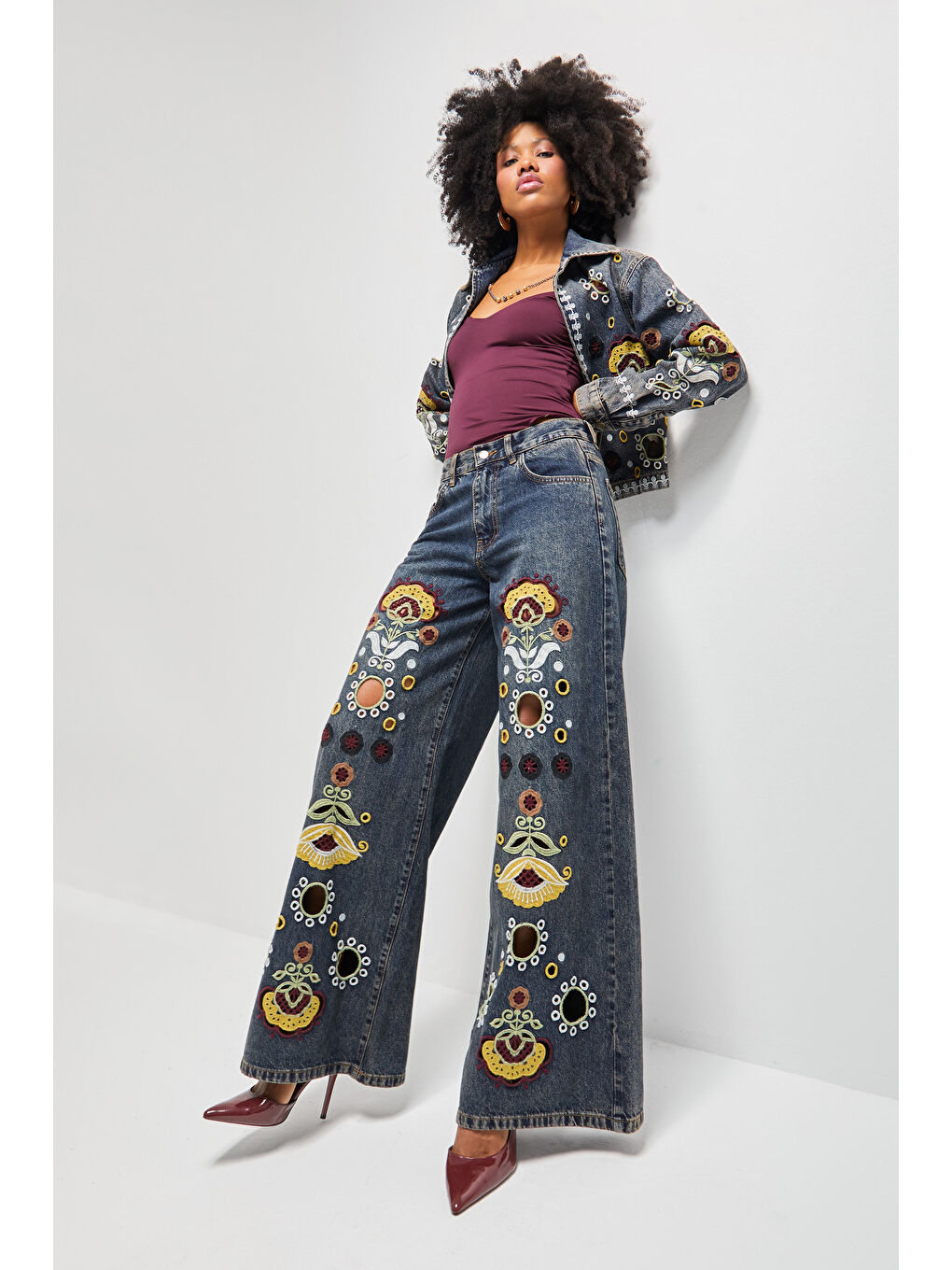 Mavi Kadın T.Kot Rengi 4w5-8 Palazzo Fit Özel Çiçek Nakışlı İç Boy 83cm Tasarım Denim Jean-4