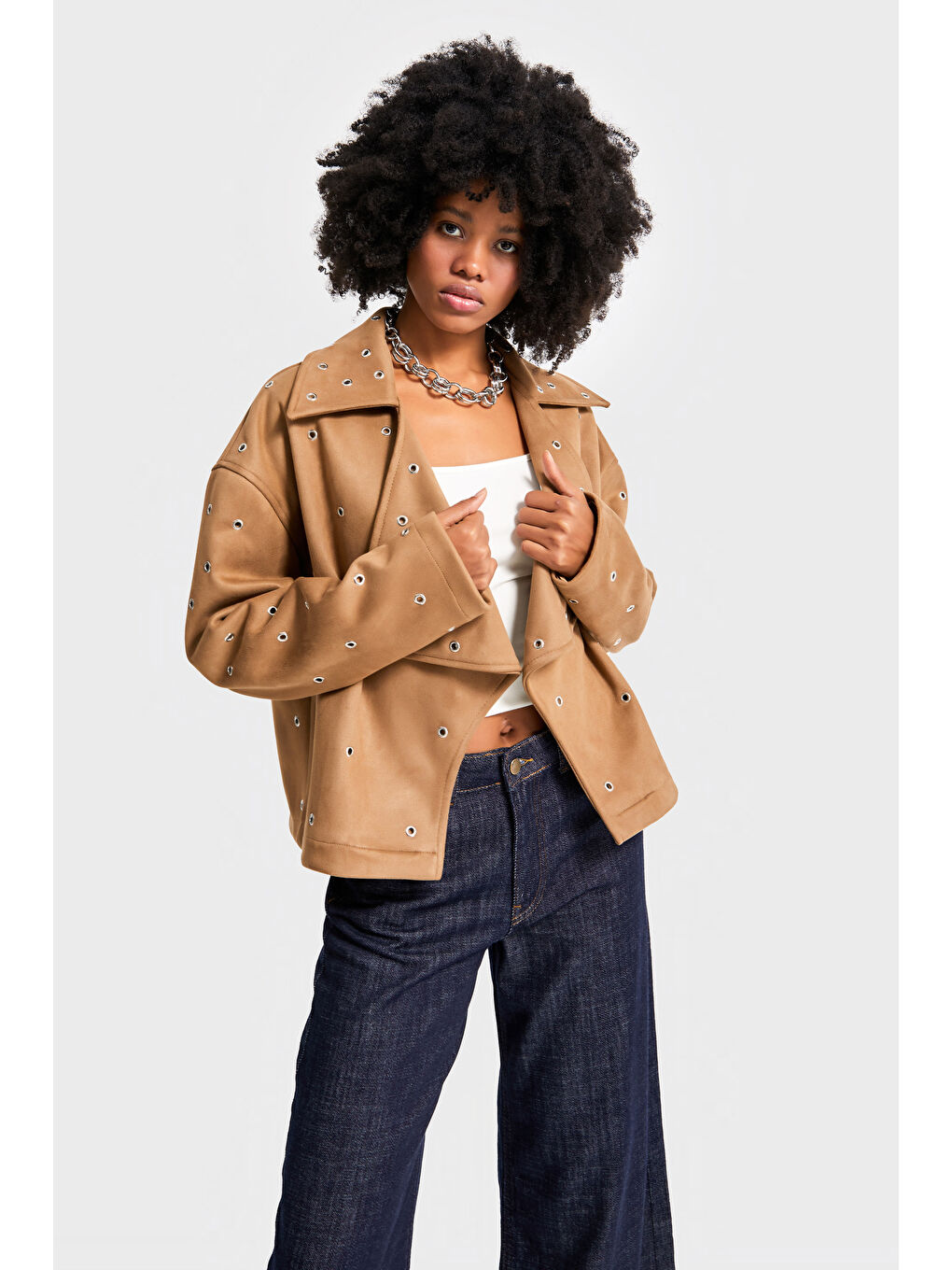 Kadın Kahverengi w5-16 Oversize Kuşgözü Detaylı Özel Tasarım Ceket-1