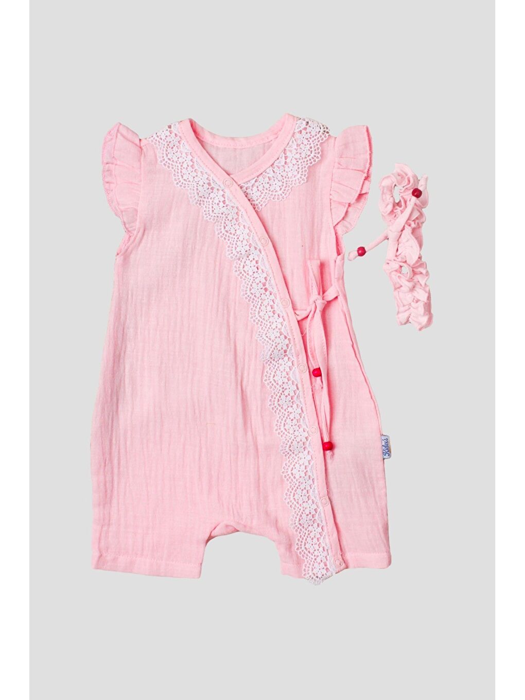 Pembe Kız Bebek Müslin Tulum Elbise Dantel Detaylı Yazlık Pamuk Bebek Tulum-1