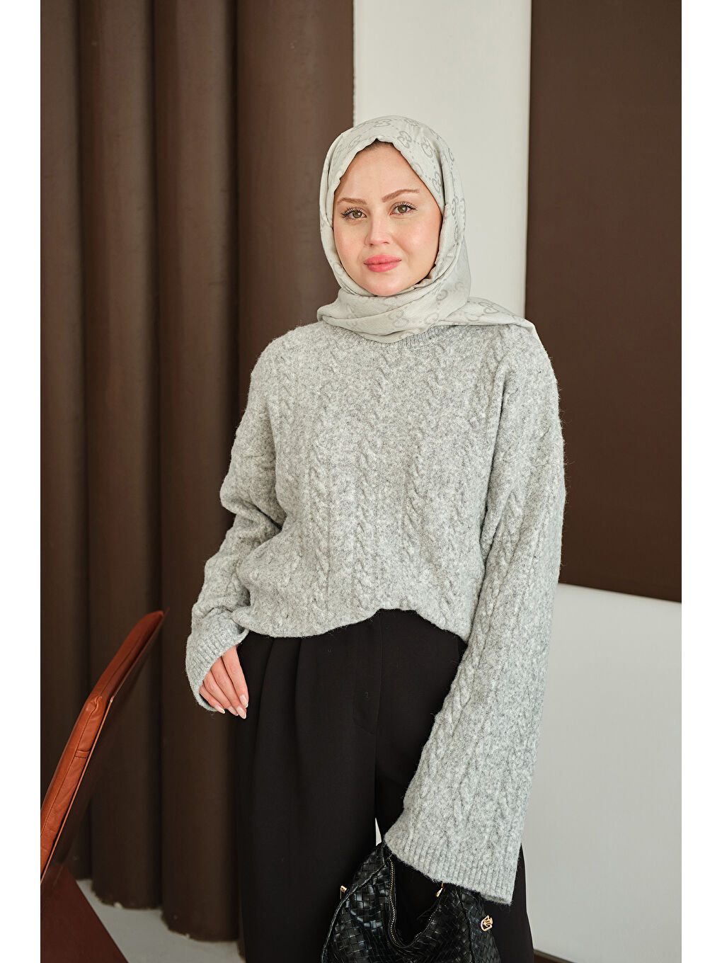 Kadın Örgü Desenli Triko Tunik Gri-3