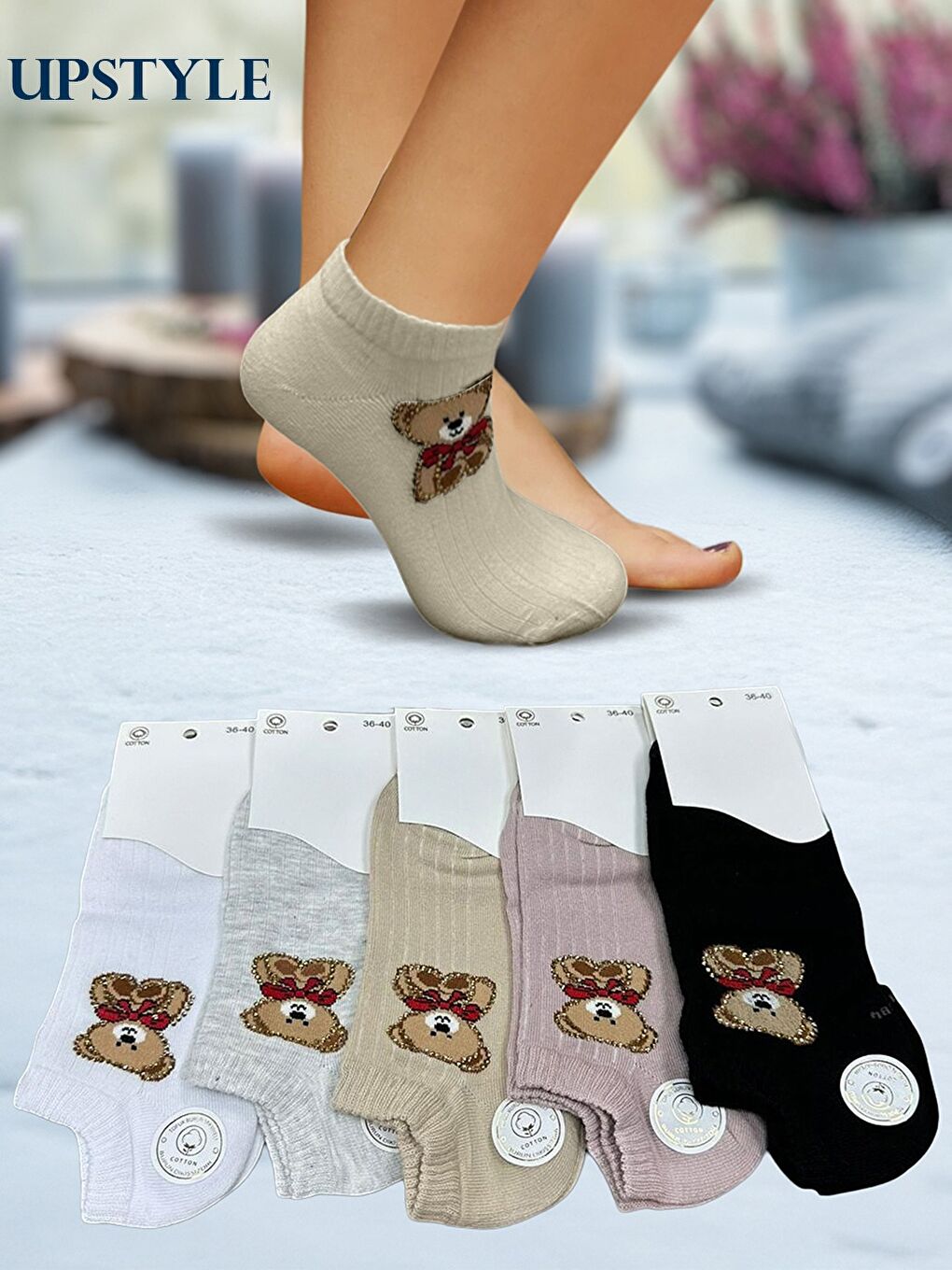 Karışık Kadın 12’li Premium Yumuşak Dokuma Ayıcık Figürlü Sneakers Çorap – Taş İşlemeli – Uzun Ömürlü-1