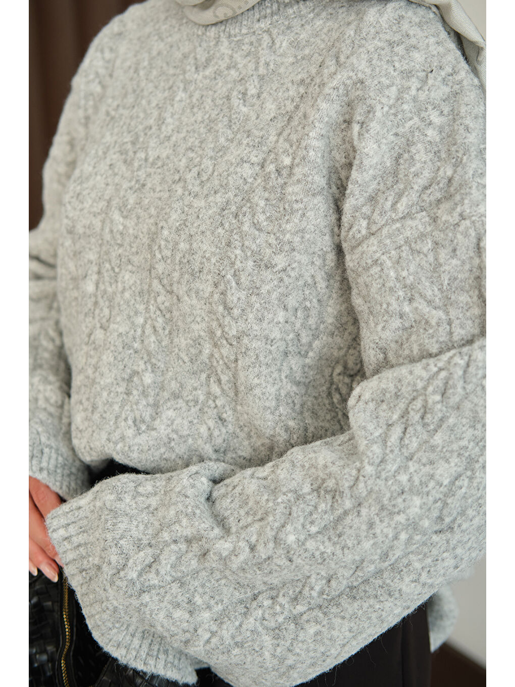 Kadın Örgü Desenli Triko Tunik Gri-4