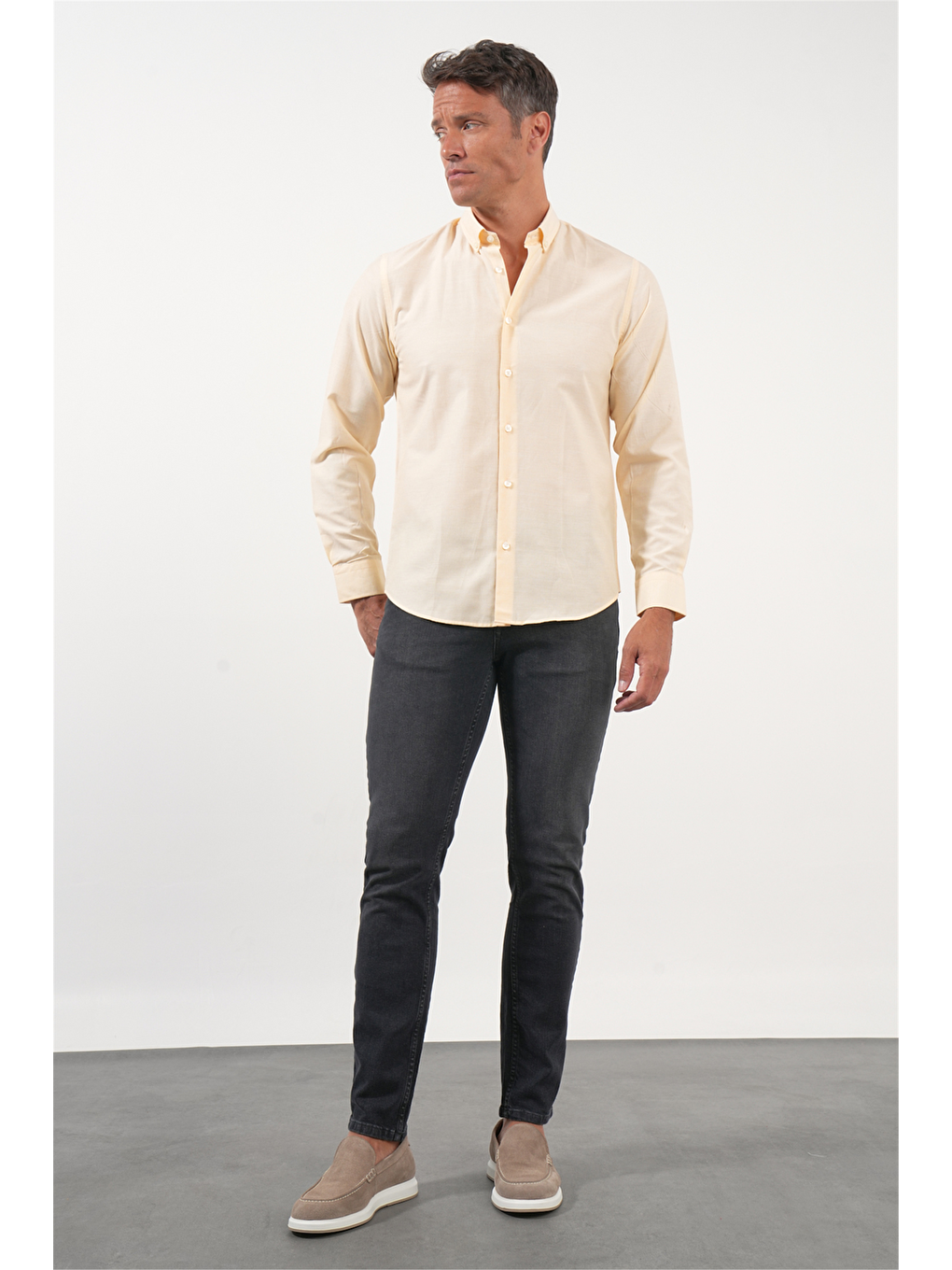 Turuncu Düğmeli Yaka Uzun Kol Slim Fit Pamuklu Gömlek 1004260236-1