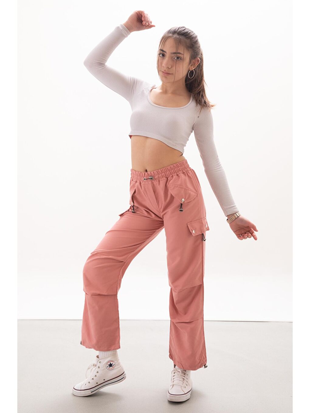 Pembe Kapak Detaylı Beli Lastikli Kız Paraşüt Pantolon 18055-1