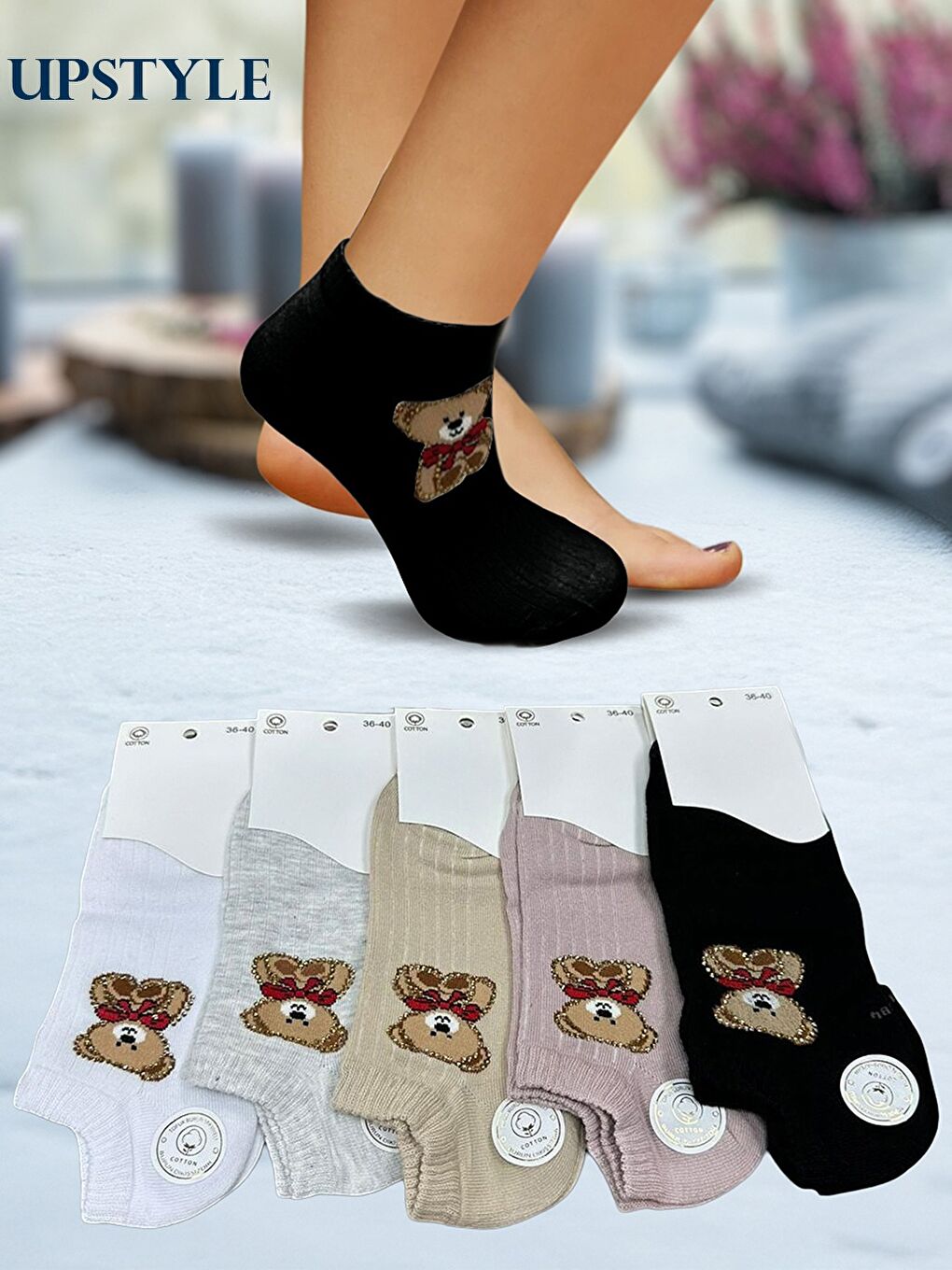 Karışık Kadın 12’li Premium Yumuşak Dokuma Ayıcık Figürlü Sneakers Çorap – Taş İşlemeli – Uzun Ömürlü-2