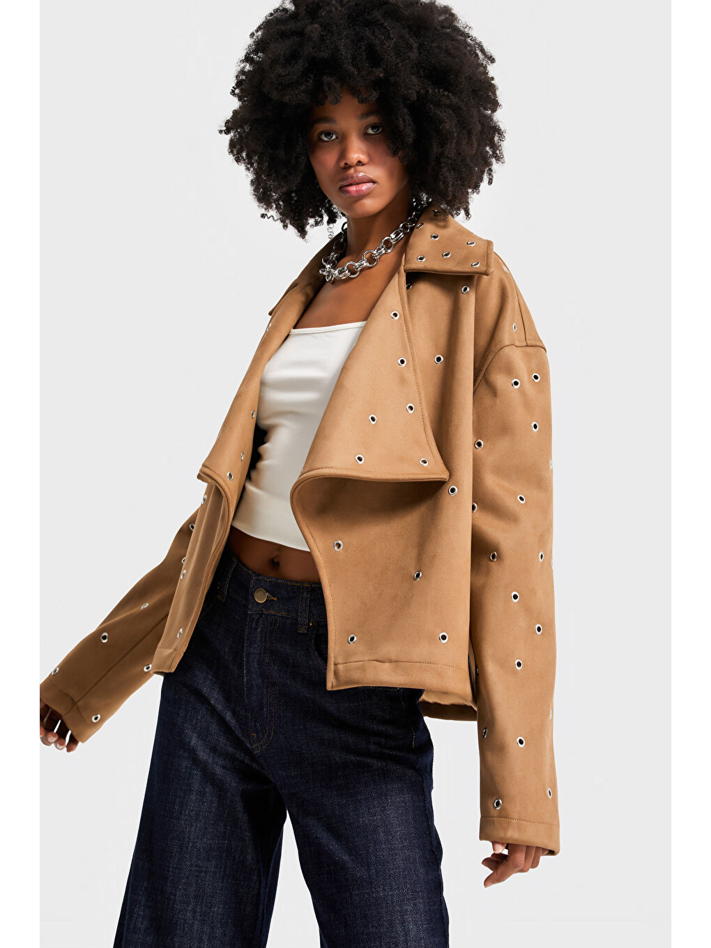 Kadın Kahverengi w5-16 Oversize Kuşgözü Detaylı Özel Tasarım Ceket-4