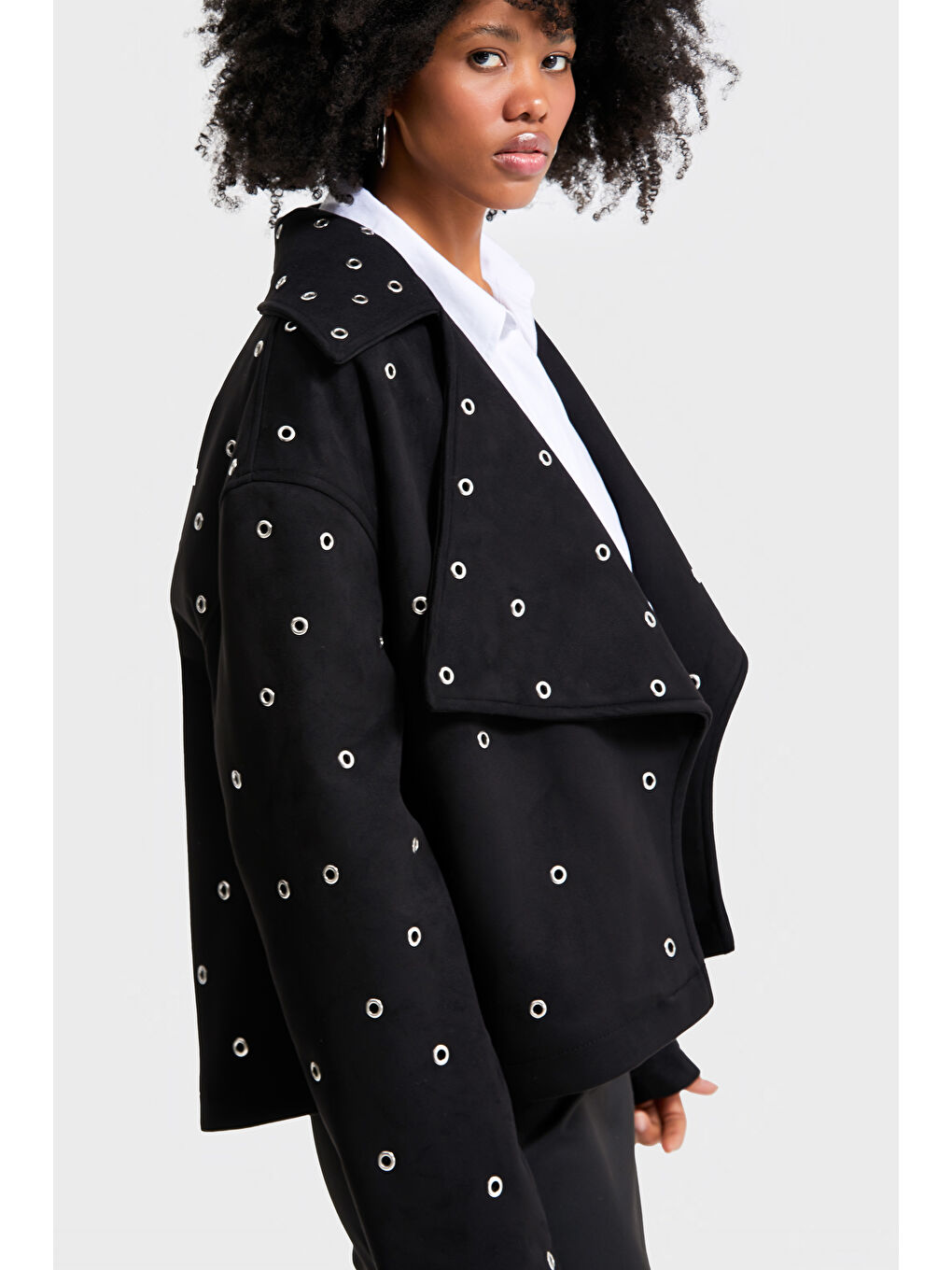 Kadın Siyah Renk w5-1 Oversize Kuşgözü Detaylı Özel Tasarım Ceket-1