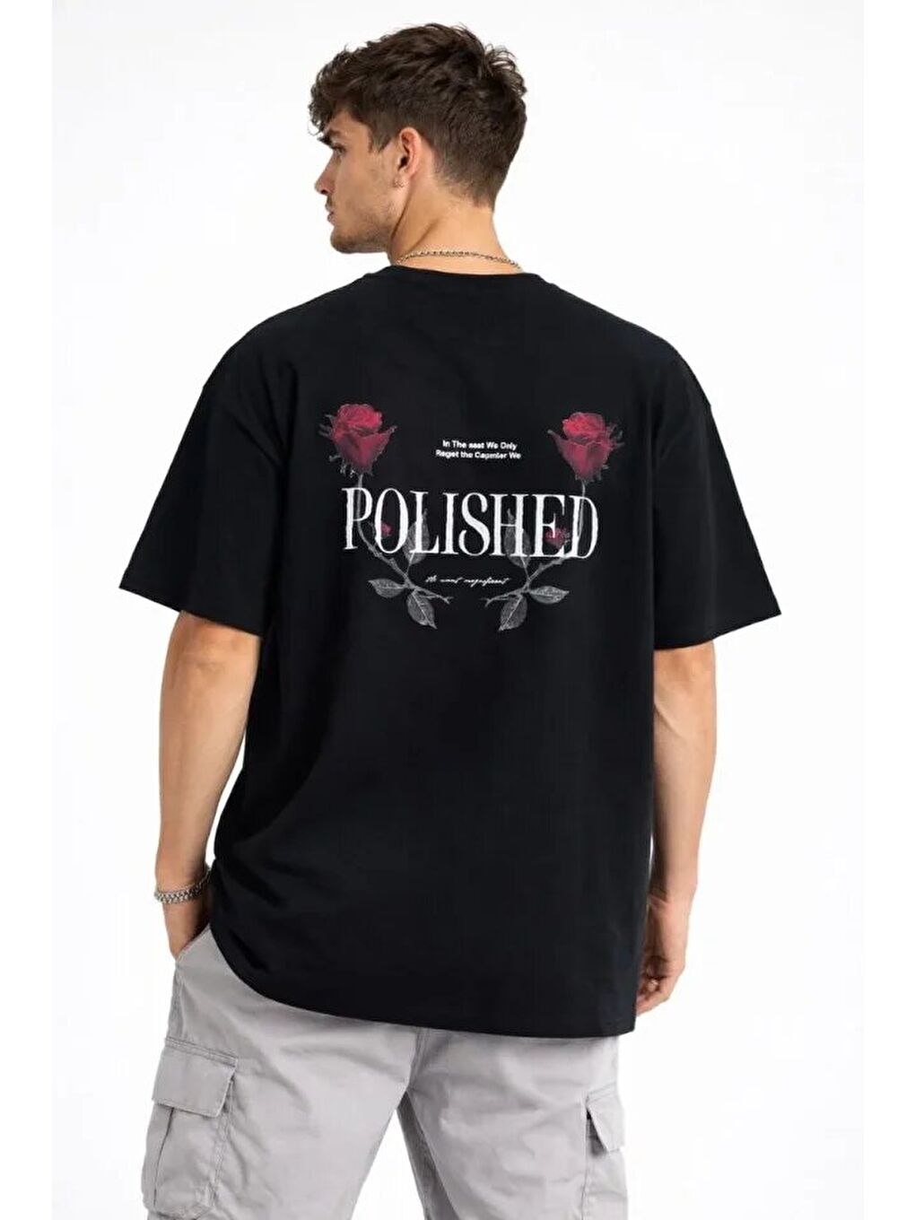 Siyah Erkek Bisiklet Yaka Baskılı Kısa Kollu Tişört-1