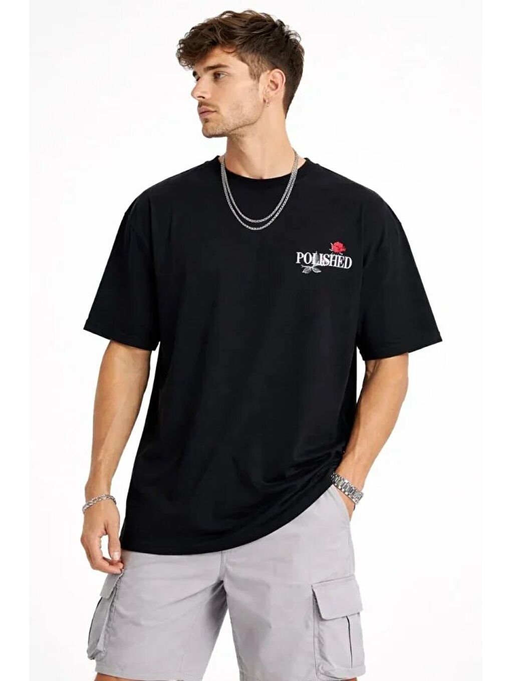 Siyah Erkek Bisiklet Yaka Baskılı Kısa Kollu Tişört-2