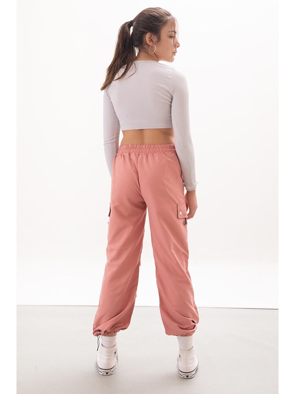 Pembe Kapak Detaylı Beli Lastikli Kız Paraşüt Pantolon 18055-4