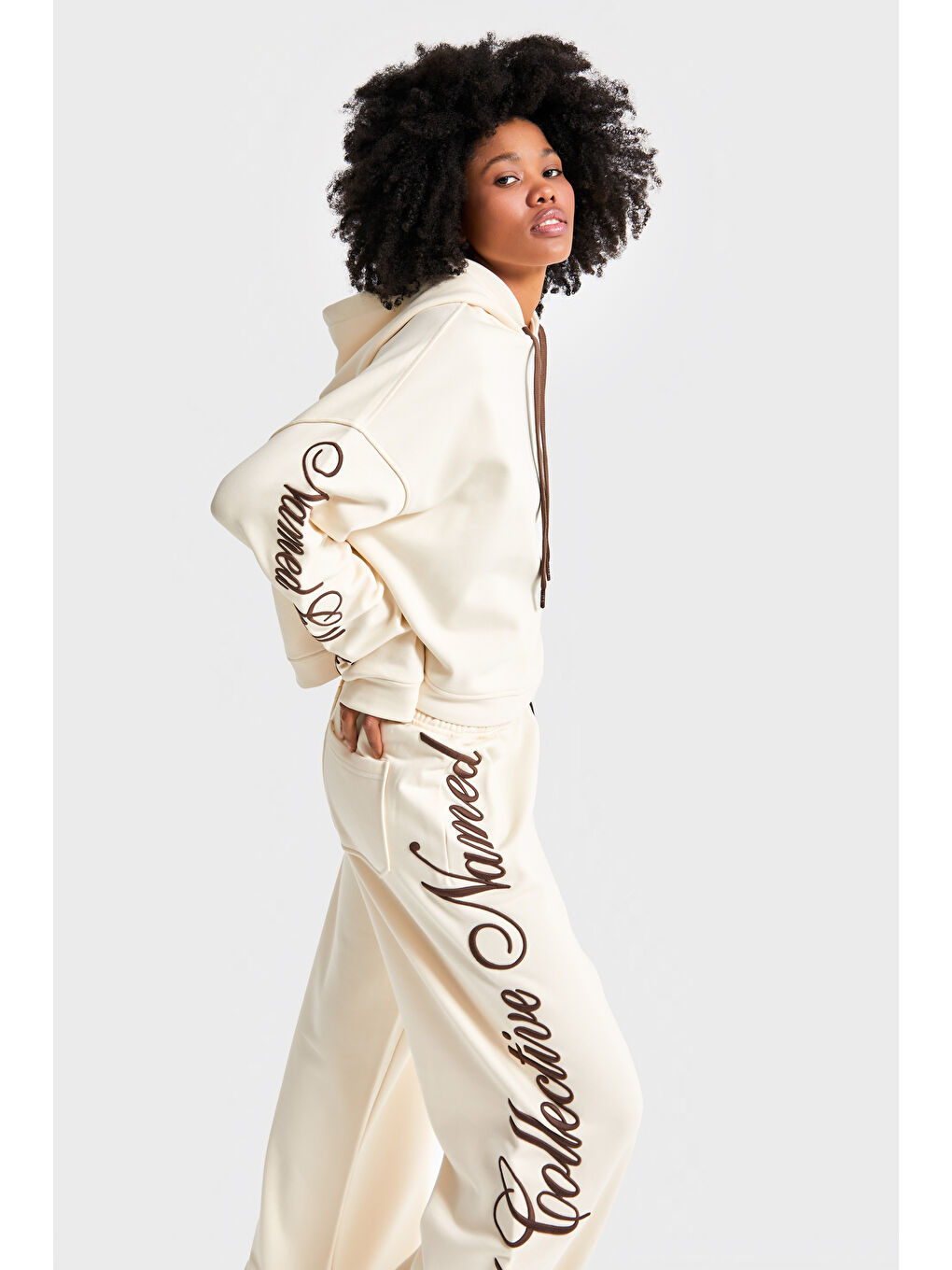 Kadın Ekru Renk w5-57 Yazı Nakışlı Bol Kesim Tasarım Alt-Üst 2'li Kombin Takım-1