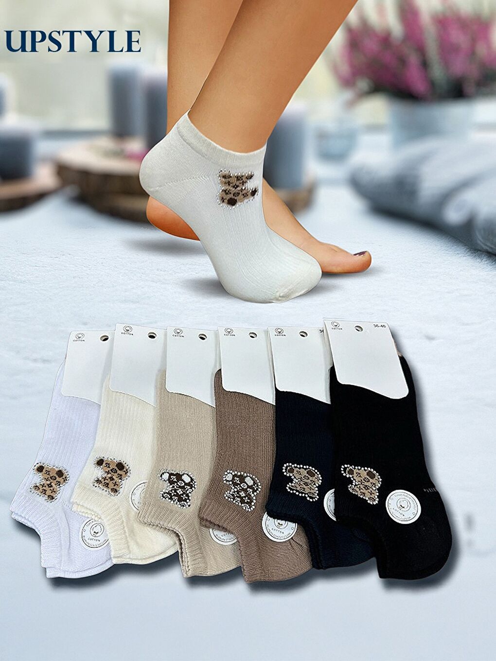 Karışık Kadın 12’li Premium Yumuşak Dokuma Ayıcıklı Sneakers Çorap – Taş İşlemeli – Uzun Ömürlü-1