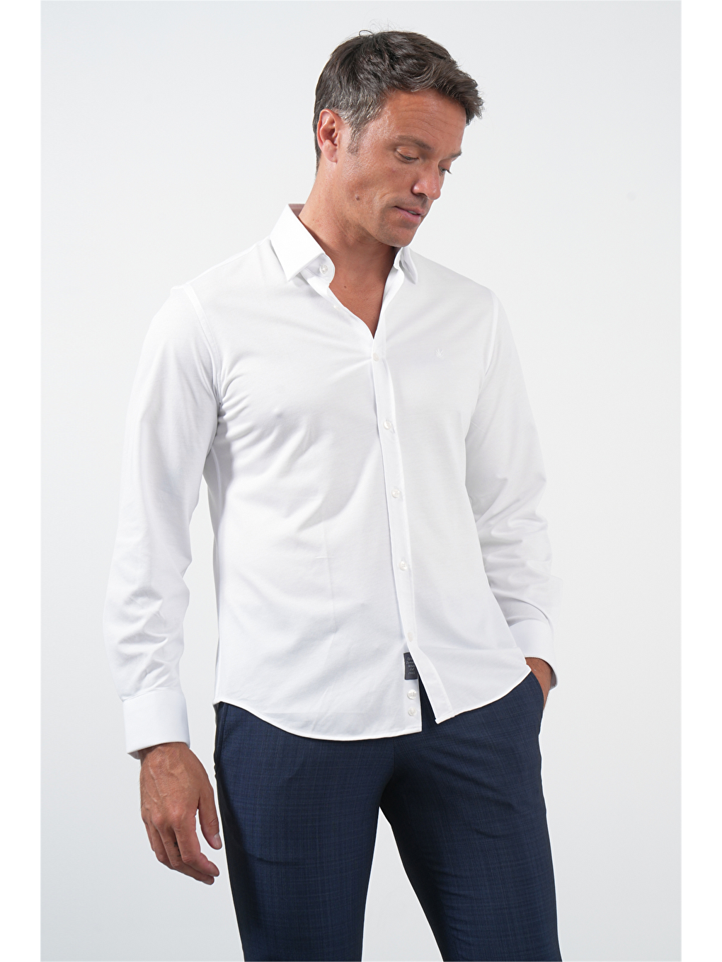 Beyaz Tulum Yaka Uzun Kol Cepsiz Örme Slim Fit Pamuklu Gömlek 1004260208-2